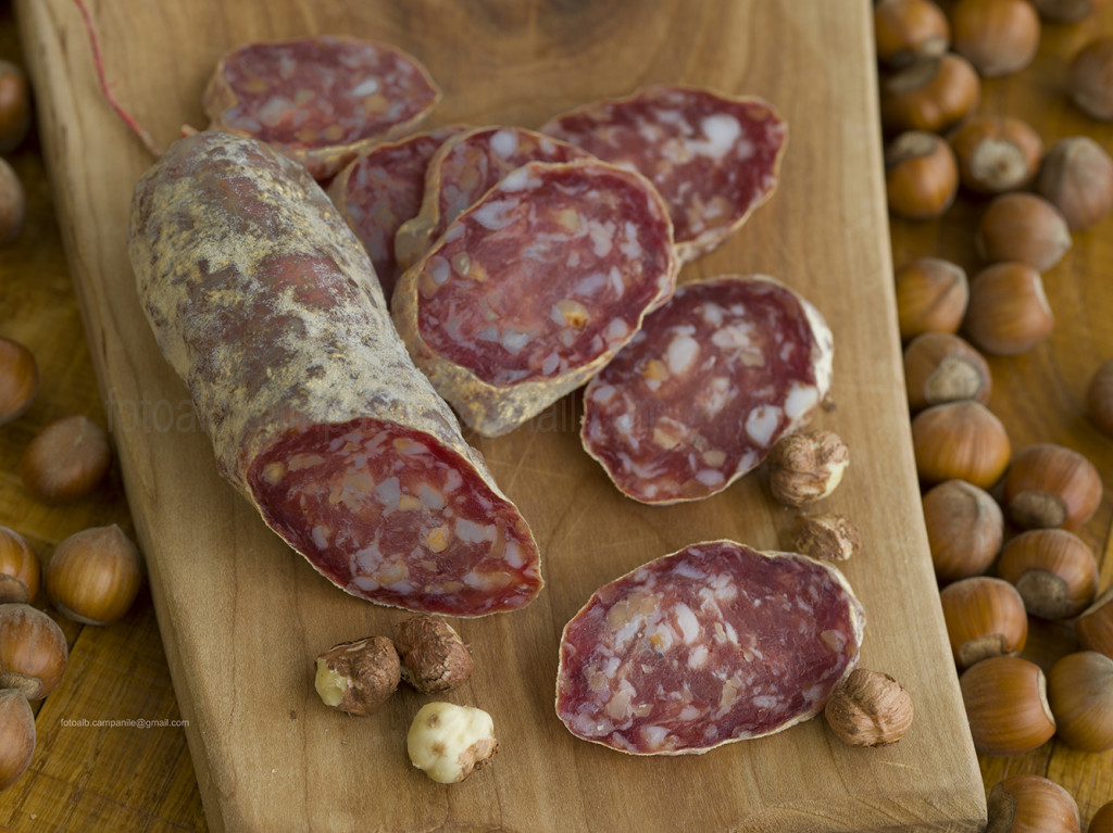 Salami with hazelnuts, Luiset Delicatesse, Ferrere, Piemonte, Italy, Europe